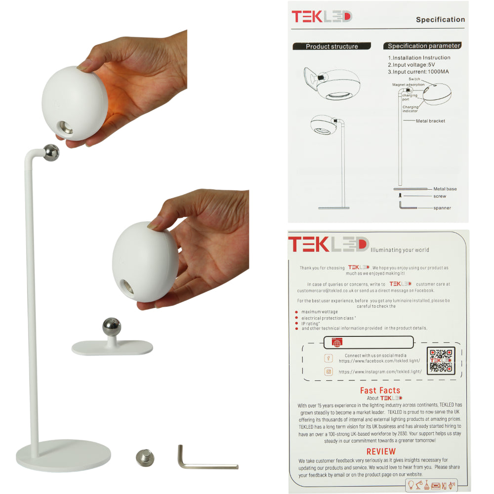 User manual for Modern Minimalist Bedside Detachable LED Desk Lamp Rechargeable Portable White TEKLED | TEKLED 130-03755