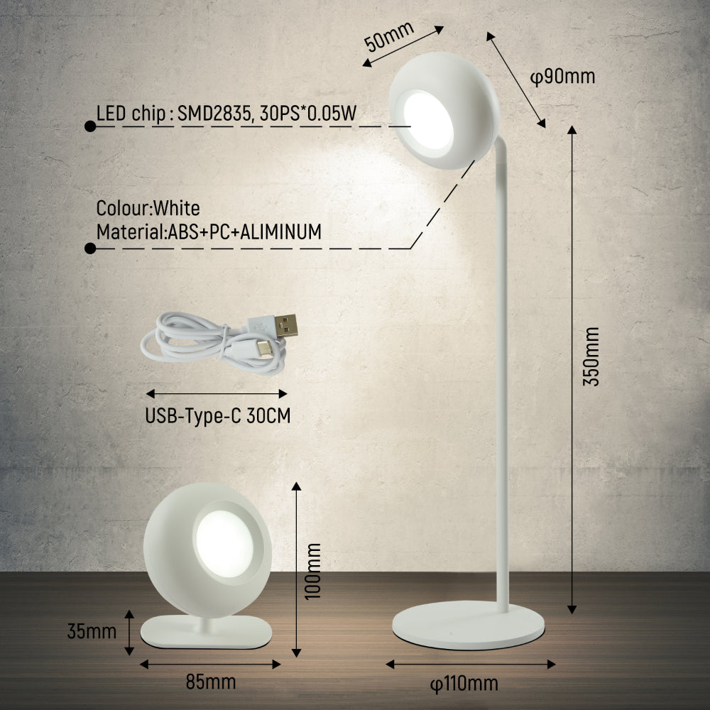 Size and tech specs of Modern Minimalist Bedside Detachable LED Desk Lamp Rechargeable Portable White TEKLED | TEKLED 130-03755
