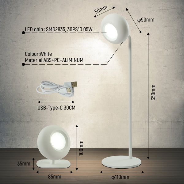 Size and tech specs of Modern Minimalist Bedside Detachable LED Desk Lamp Rechargeable Portable White TEKLED | TEKLED 130-03755