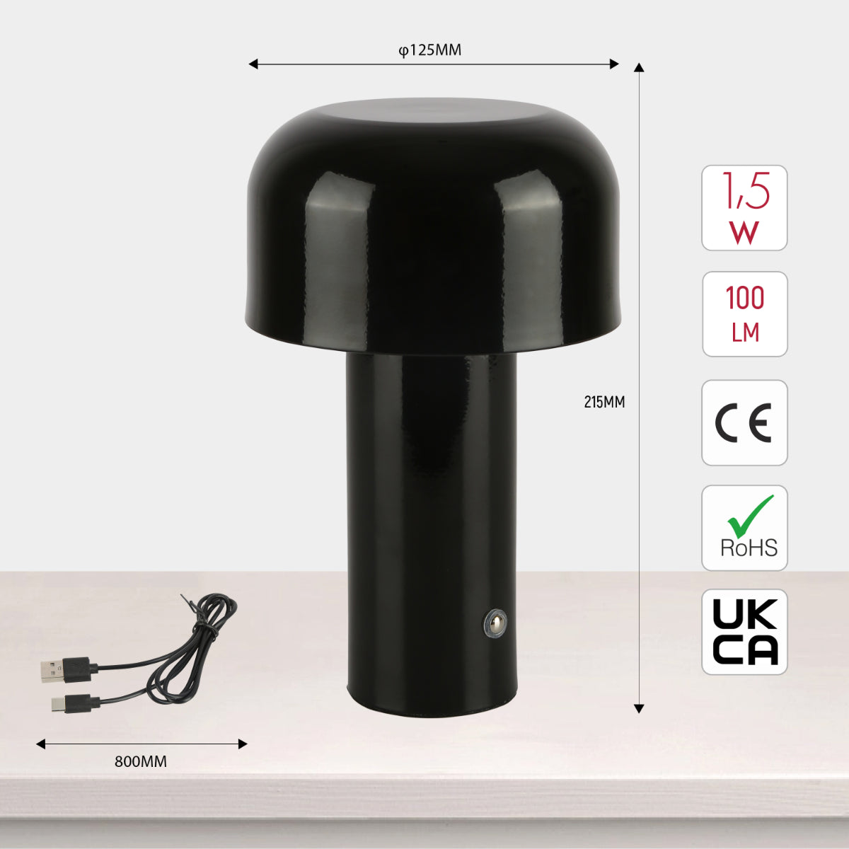 Size and certifications of Modern Mushroom Rechargeable LED Table Lamp 130-03736