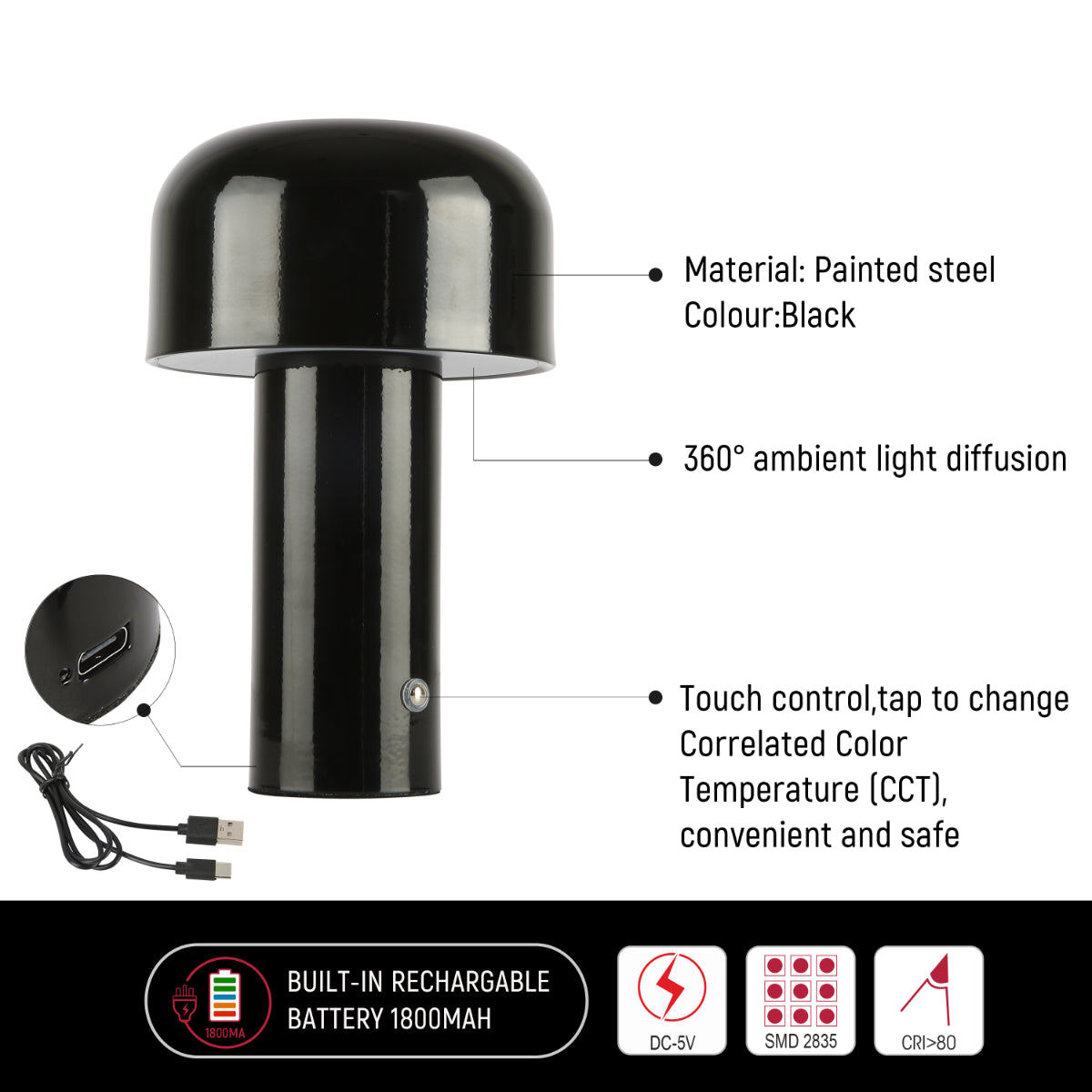 Technical specs of Modern Mushroom Rechargeable LED Table Lamp 130-03736