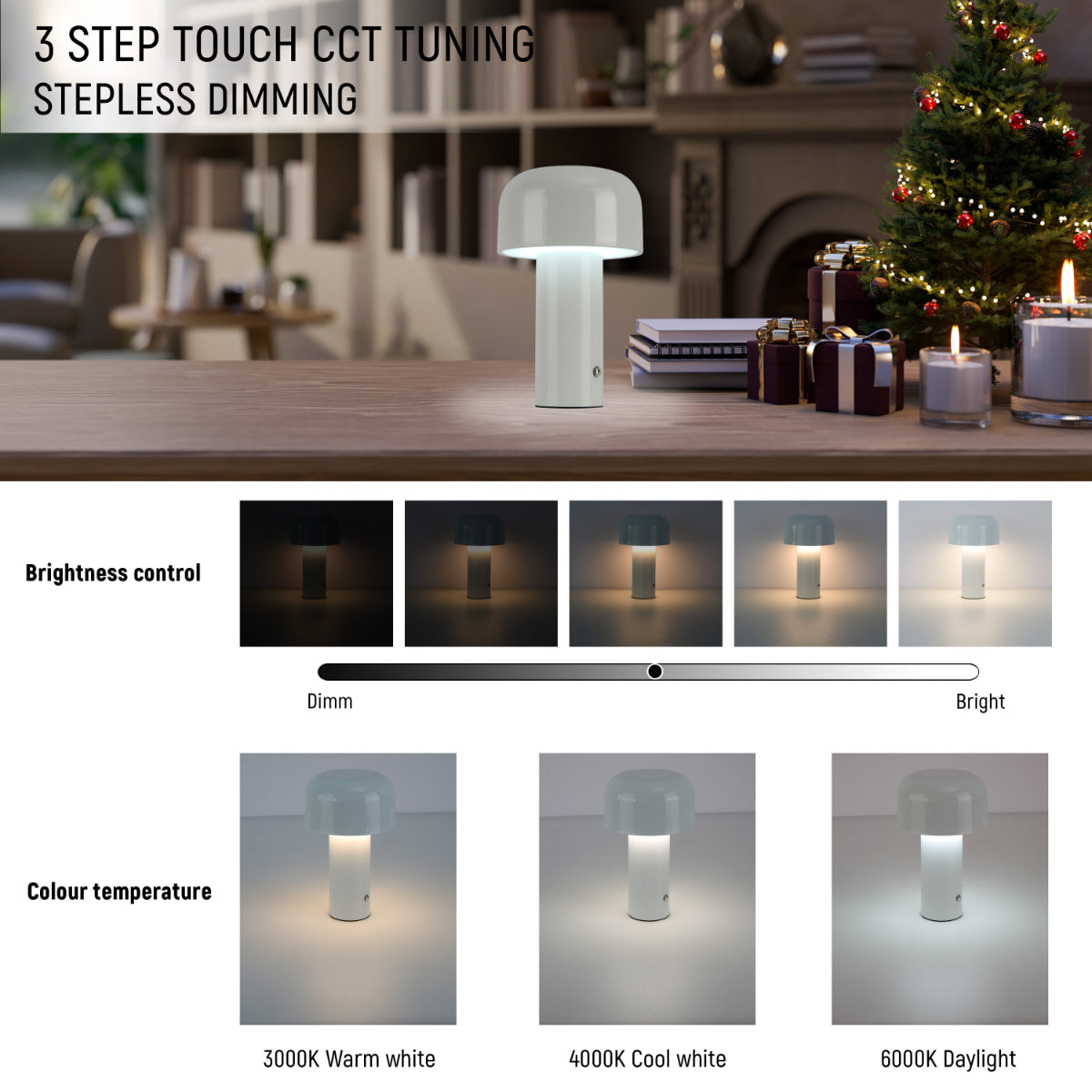 Lighting properties of Modern Mushroom Rechargeable LED Table Lamp 130-03738