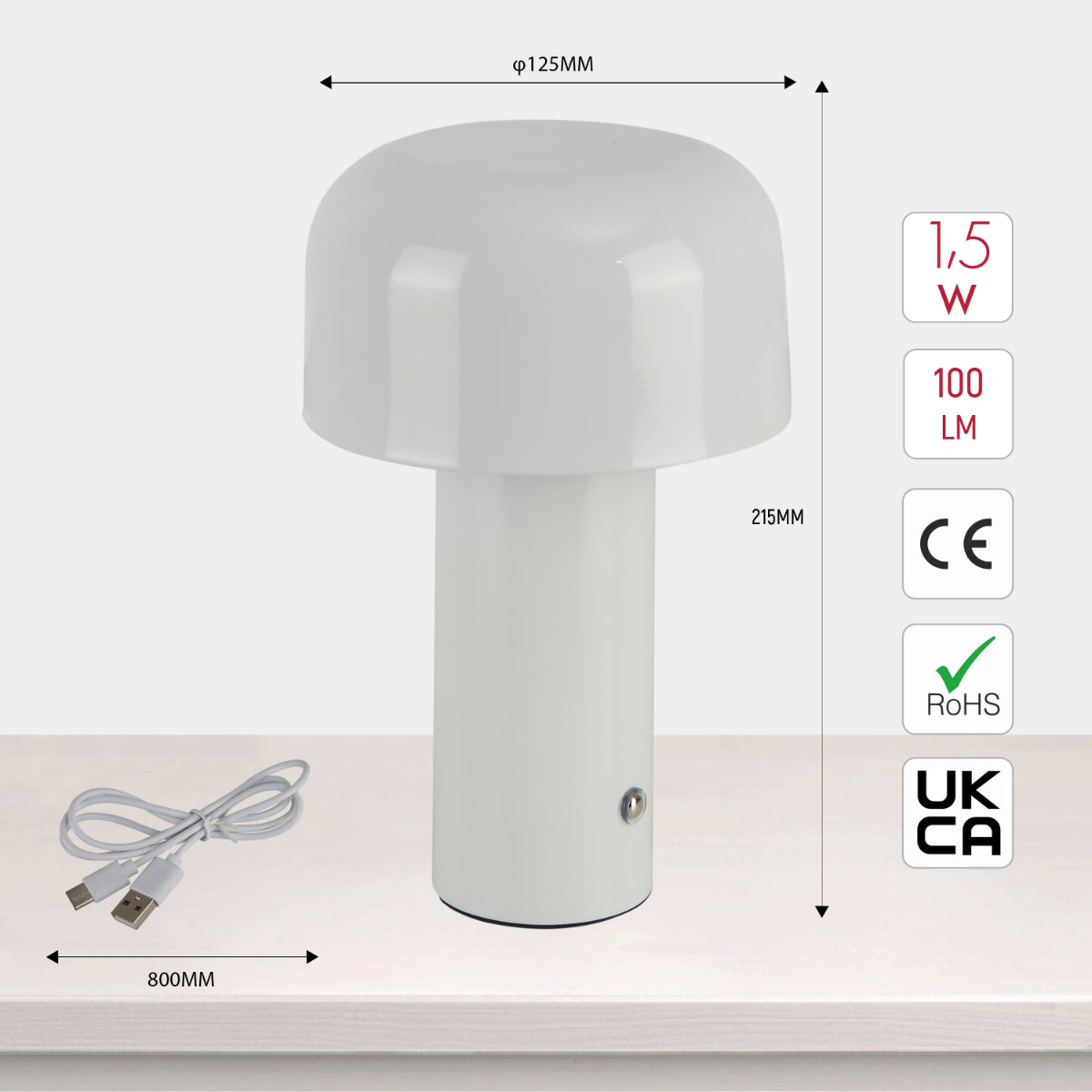 Size and certifications of Modern Mushroom Rechargeable LED Table Lamp 130-03738
