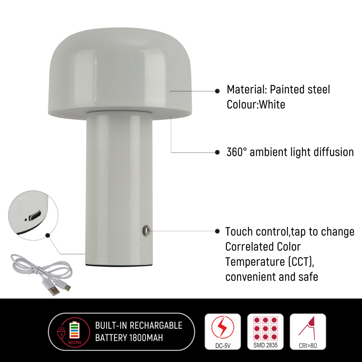Technical specs of Modern Mushroom Rechargeable LED Table Lamp 130-03738