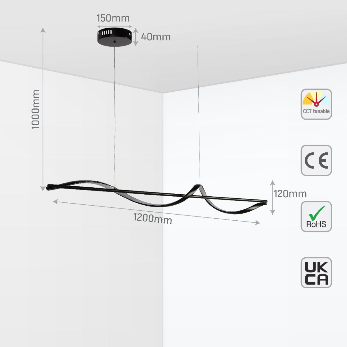 Size and certifications of Modern Sleek Infinity Wave LED Pendant Light 159-18120