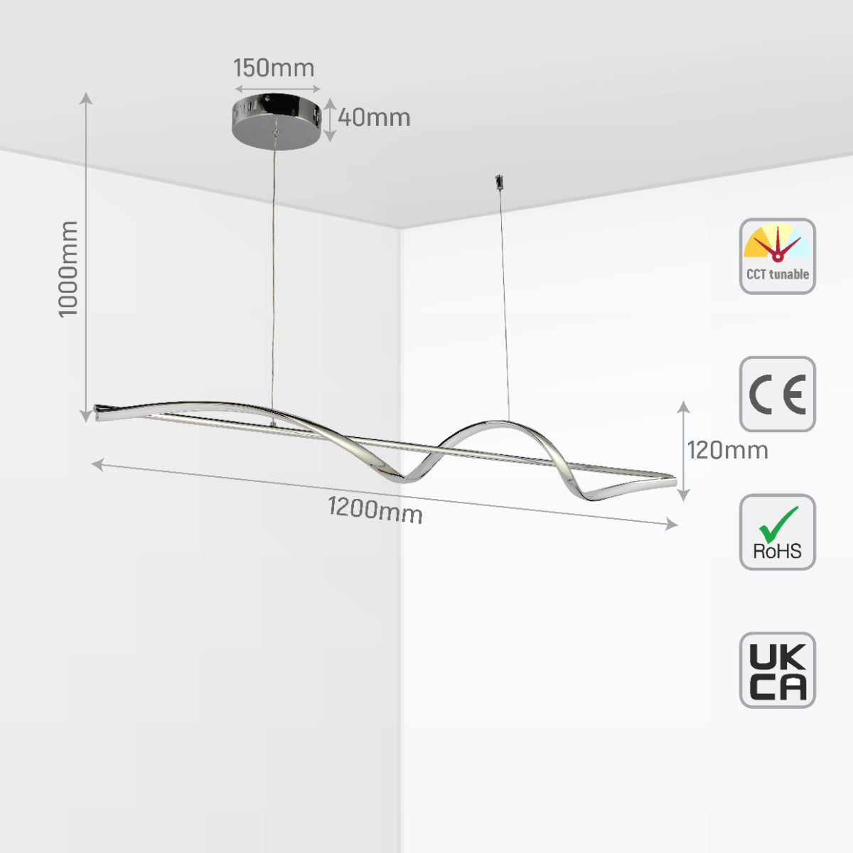 Size and certifications of Modern Sleek Infinity Wave LED Pendant Light 159-18140