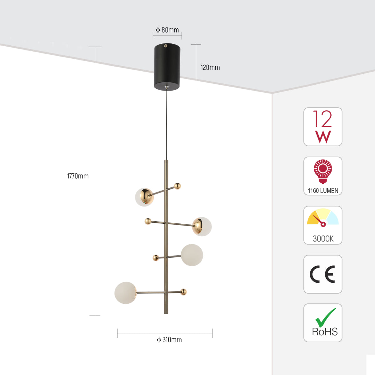 Size and certifications of Modern Spacious Chandelier Ceiling Light Gold  159-18155