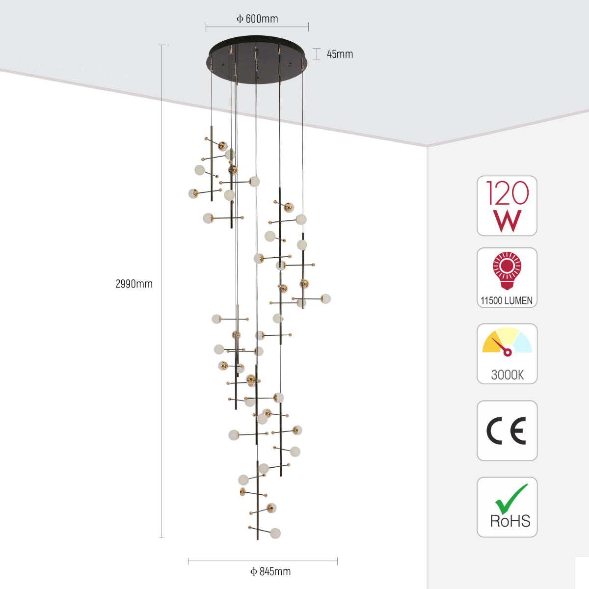 Size and certifications of Modern Spacious Chandelier Ceiling Light Gold  159-18156