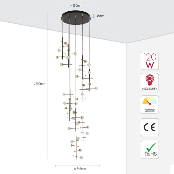 Size and certifications of Modern Spacious Chandelier Ceiling Light Gold  159-18156