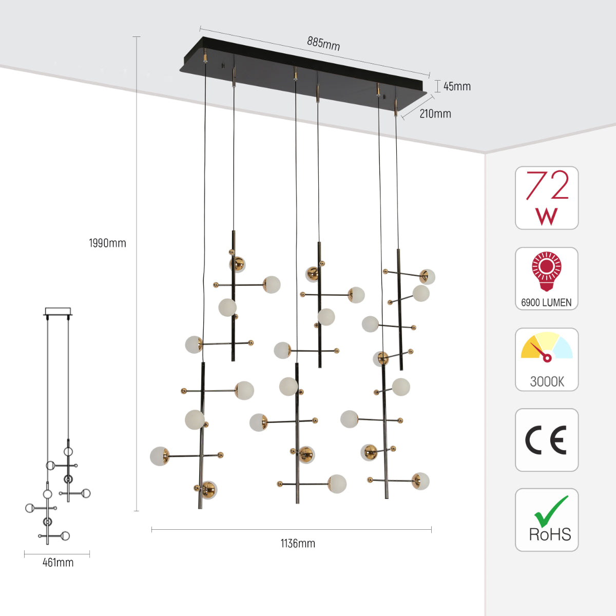 Size and certifications of Modern Spacious Chandelier Ceiling Light Gold  159-18157