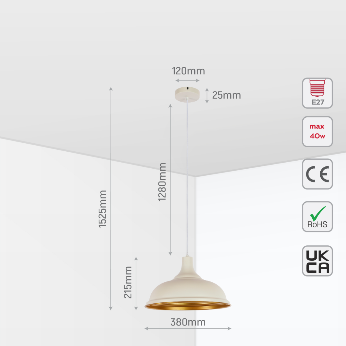 Size and certifications of Modern Step Pendant Light - 38cm Metal Shade in Varied Hues 150-19058