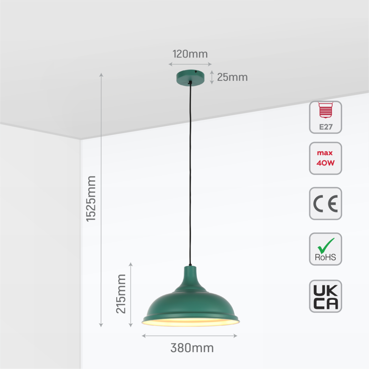 Size and certifications of Modern Step Pendant Light - 38cm Metal Shade in Varied Hues 150-19062
