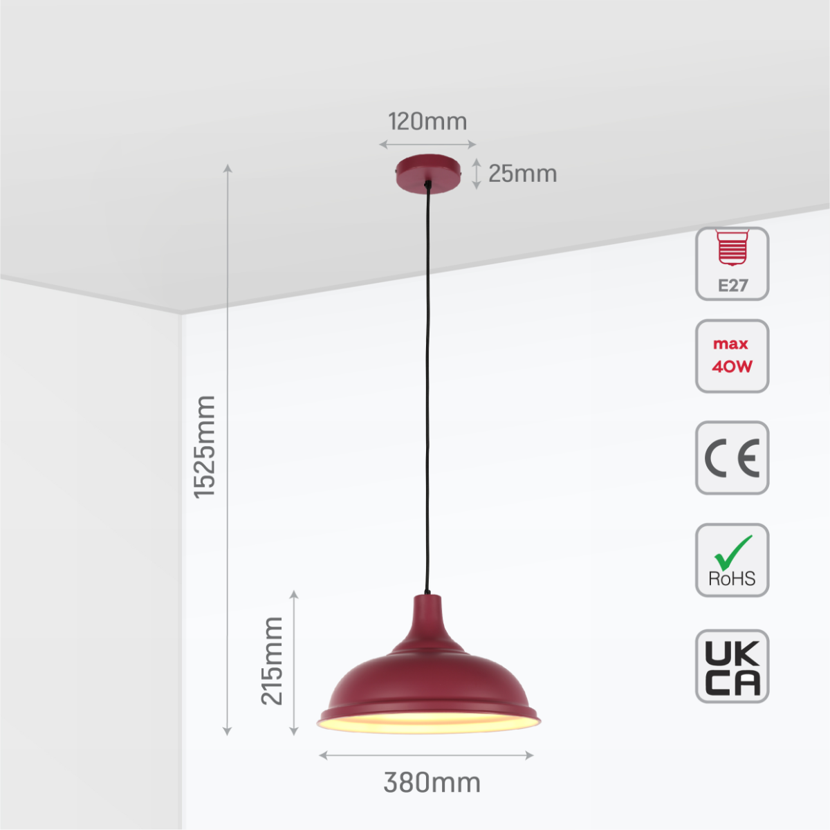 Size and certifications of Modern Step Pendant Light - 38cm Metal Shade in Varied Hues 150-19064