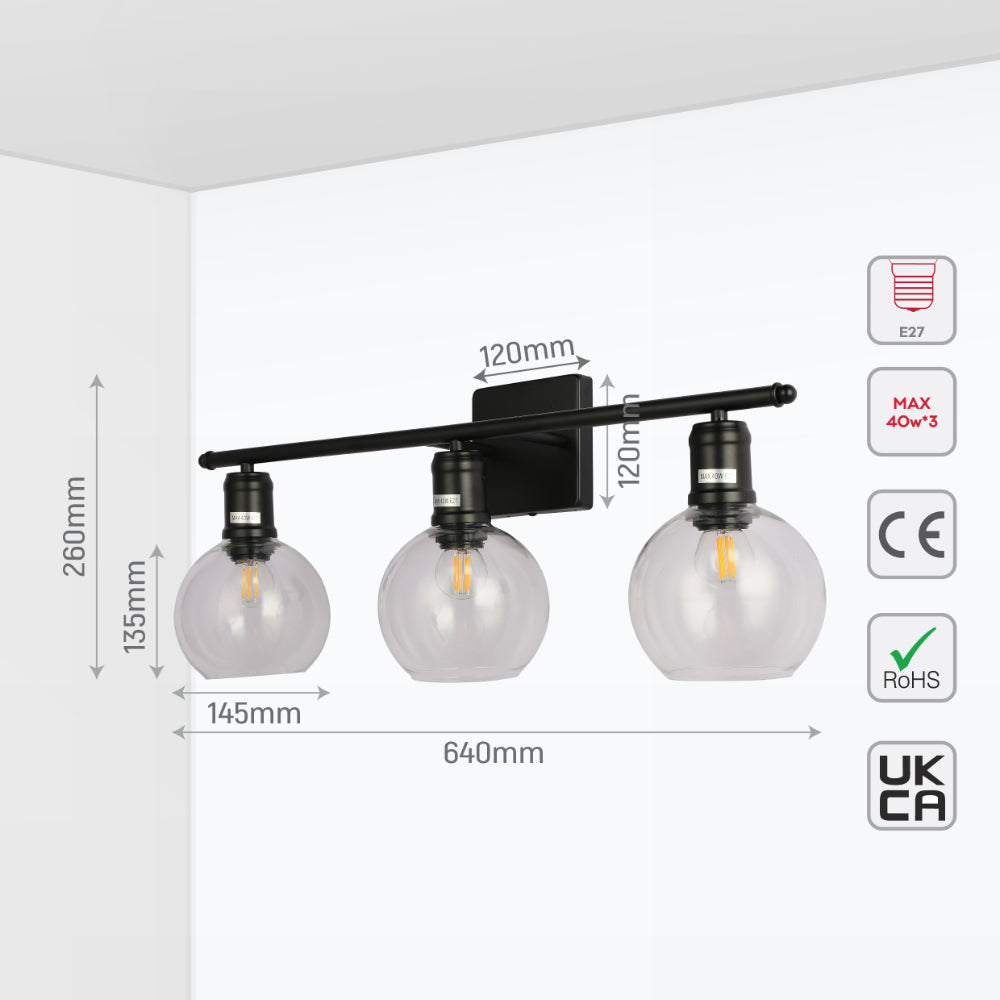 Size and tech specs of Modern-Vintage Wall Light with Clear Globes | TEKLED 151-19552