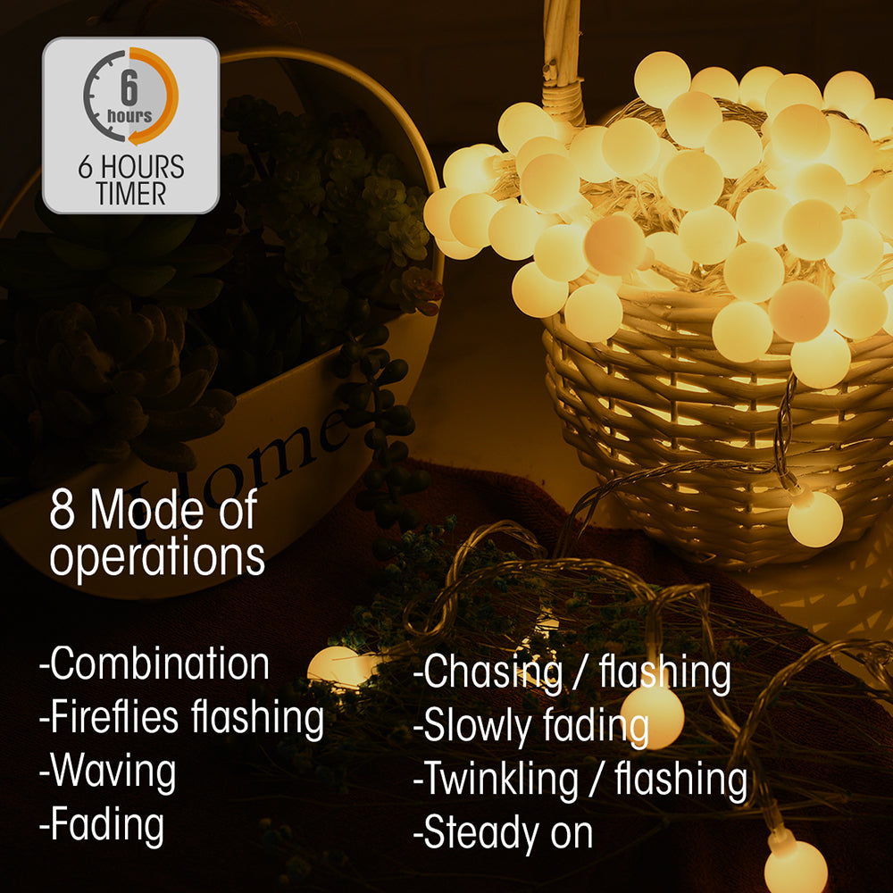 8 modes of operations and features of Felis LED Globe 80 LEDs 8m with Battery Pack & Remote Control Warm White LED String Light