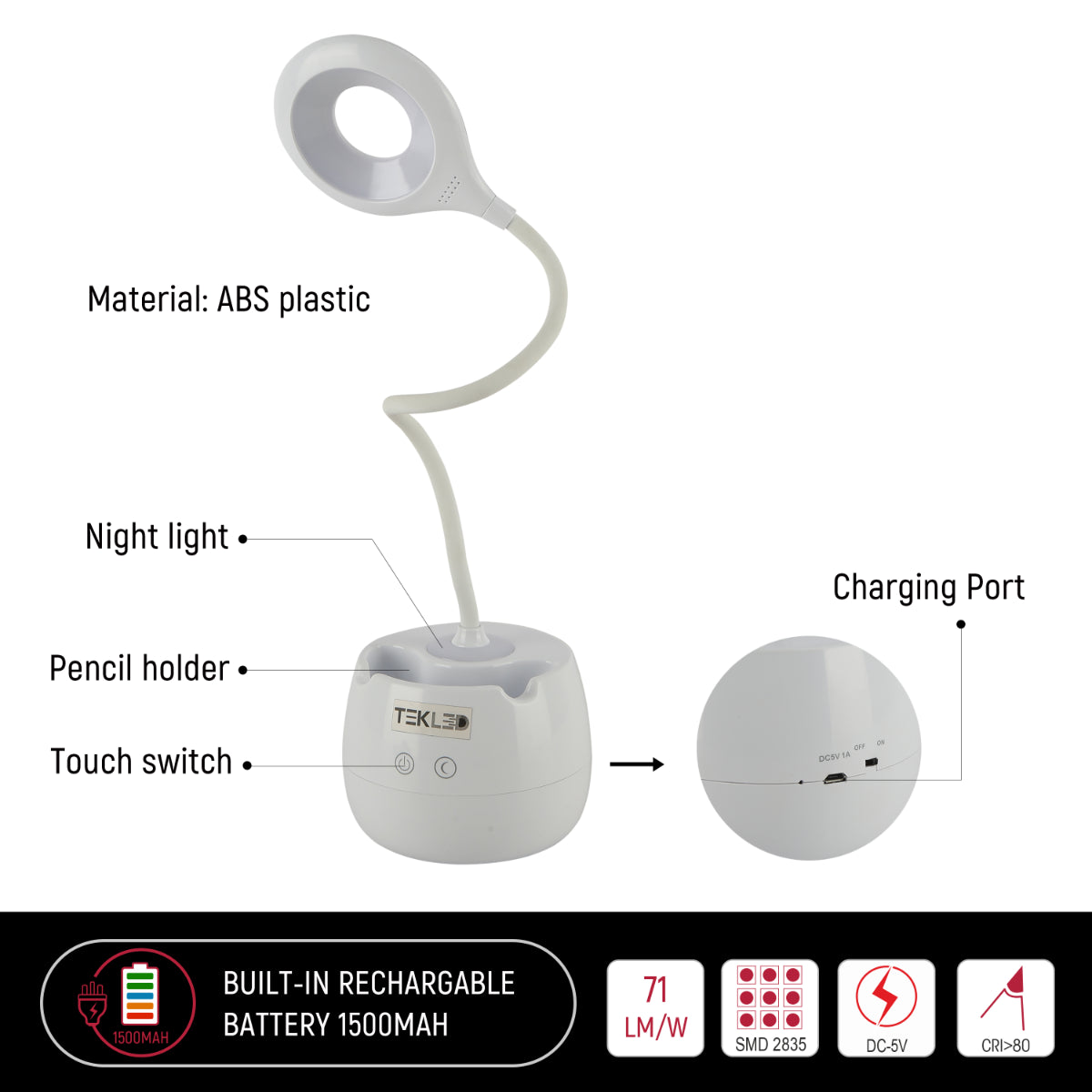 Technical specs of Multifunctional Rechargeable LED Ring Desk Lamp with Pencil Holder 130-03760