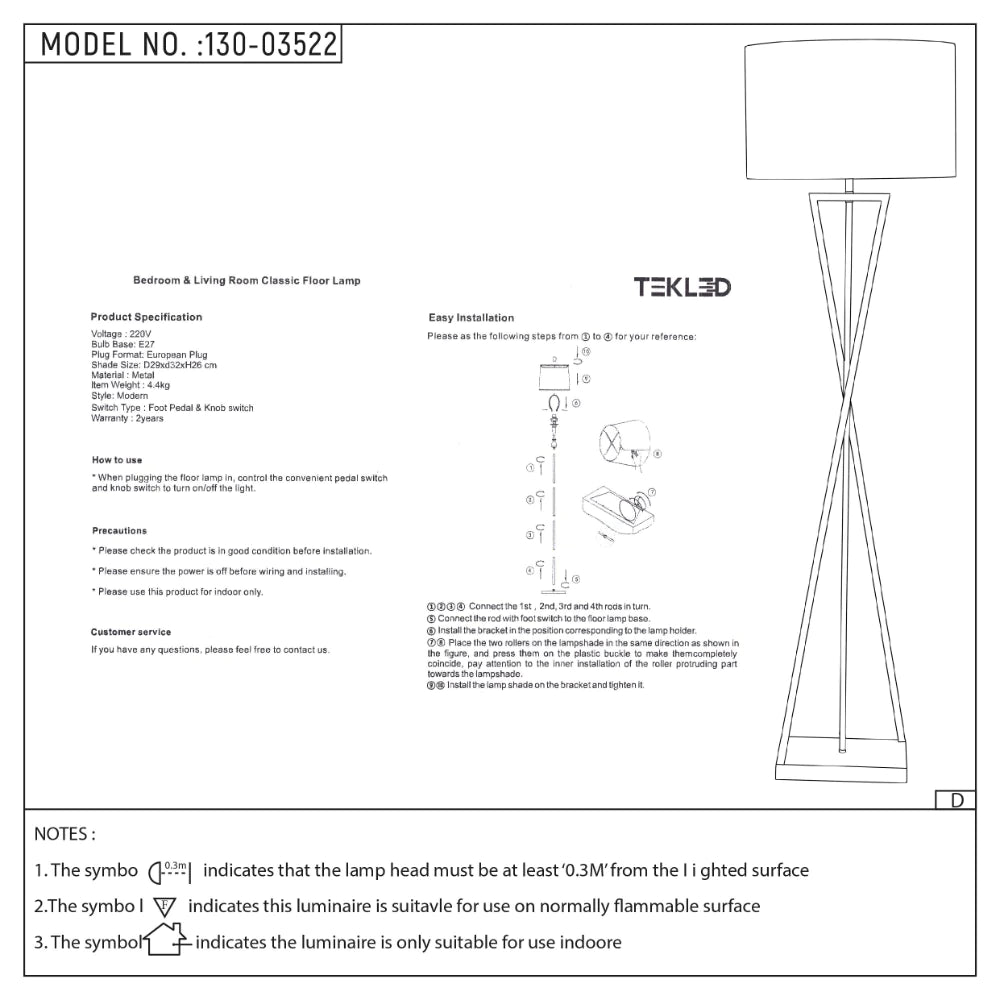 User manual for Nordic Art Deco Floor Lamp  Black Nickel Flaxen | TEKLED 130-03522