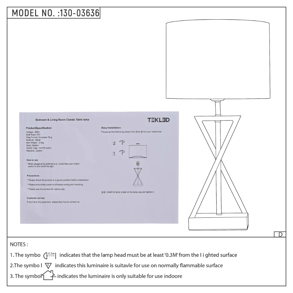 User manual for Nordic Art Deco Table Lamp  Black Nickel Flaxen | TEKLED 130-03636