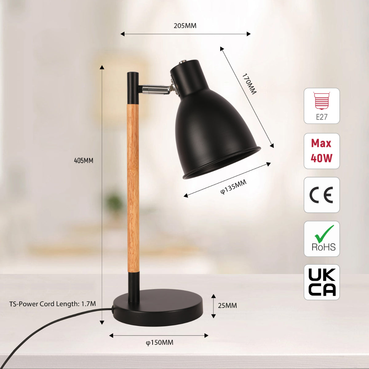 Size and certifications of Nordic Elegance Desk Lamp with Dominant Wood Feature 130-03644