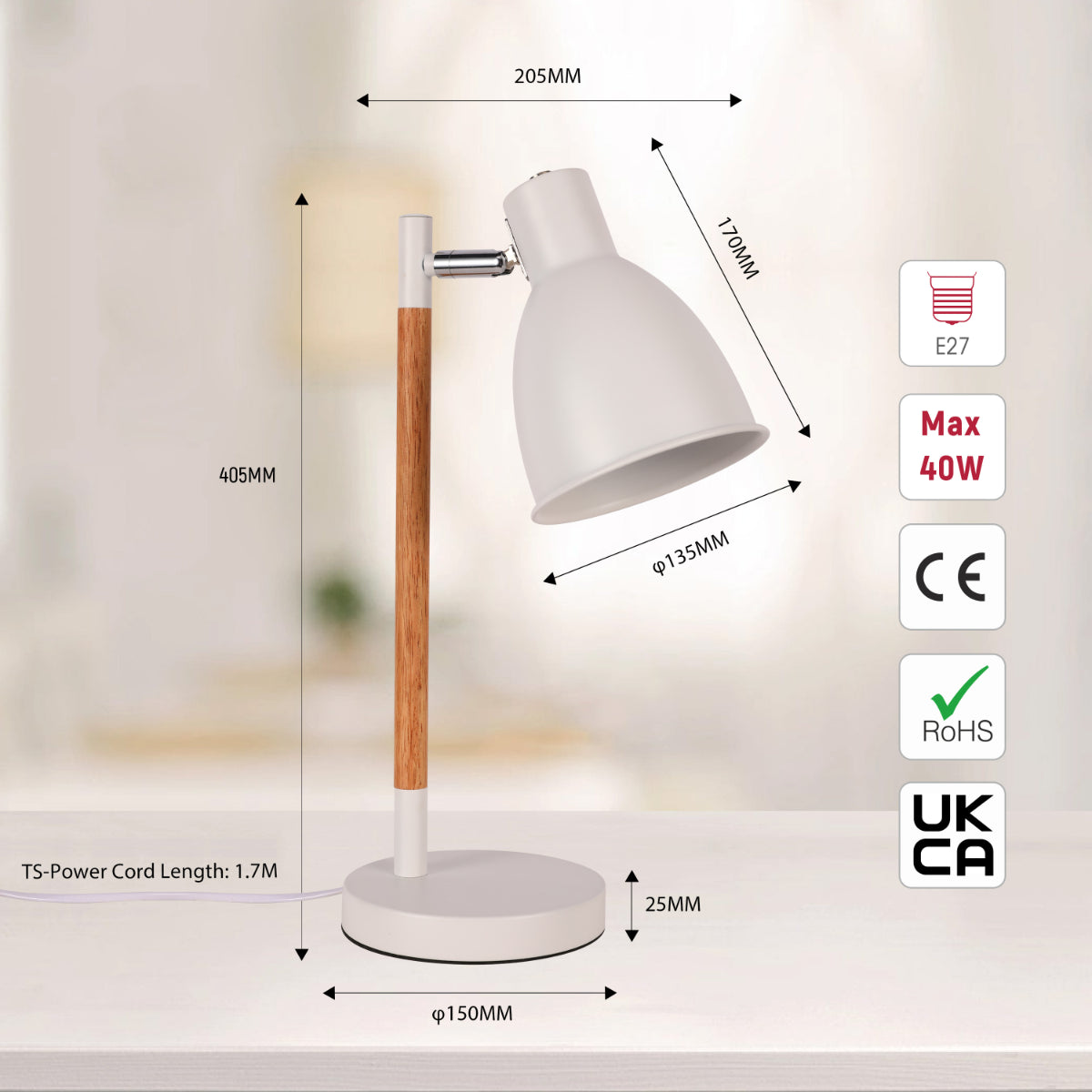 Size and certifications of Nordic Elegance Desk Lamp with Dominant Wood Feature 130-03646