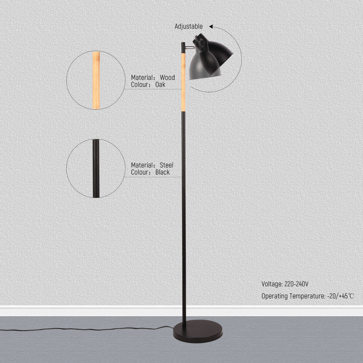 Close shots of Nordic Floor Lamp with Wood Accent - E27, Rotatable Shade, 3 Finishes 130-03526