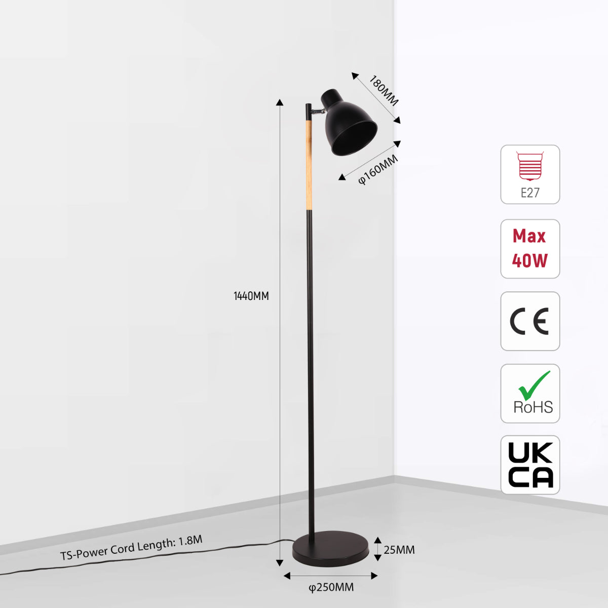 Size and certifications of Nordic Floor Lamp with Wood Accent - E27, Rotatable Shade, 3 Finishes 130-03526