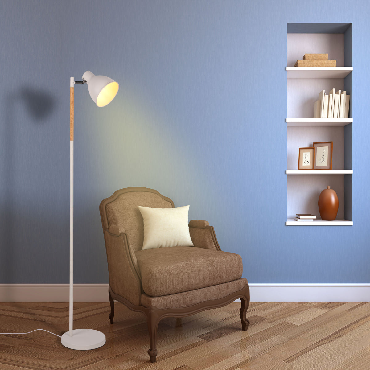 Usage of Nordic Floor Lamp with Wood Accent - E27, Rotatable Shade, 3 Finishes 130-03528