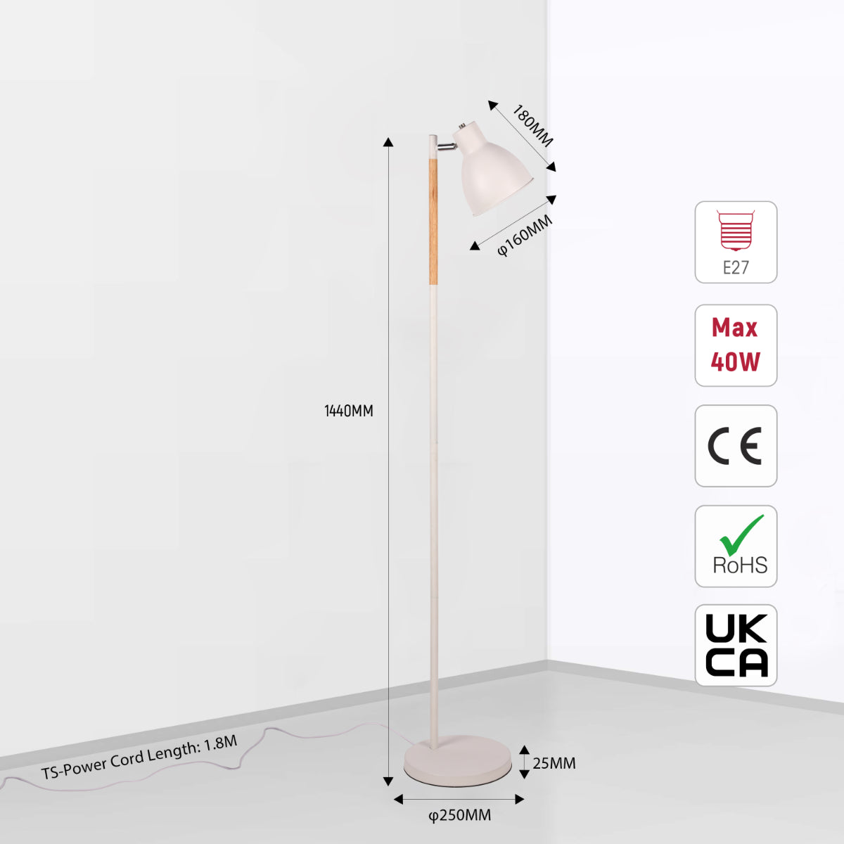 Size and certifications of Nordic Floor Lamp with Wood Accent - E27, Rotatable Shade, 3 Finishes 130-03528