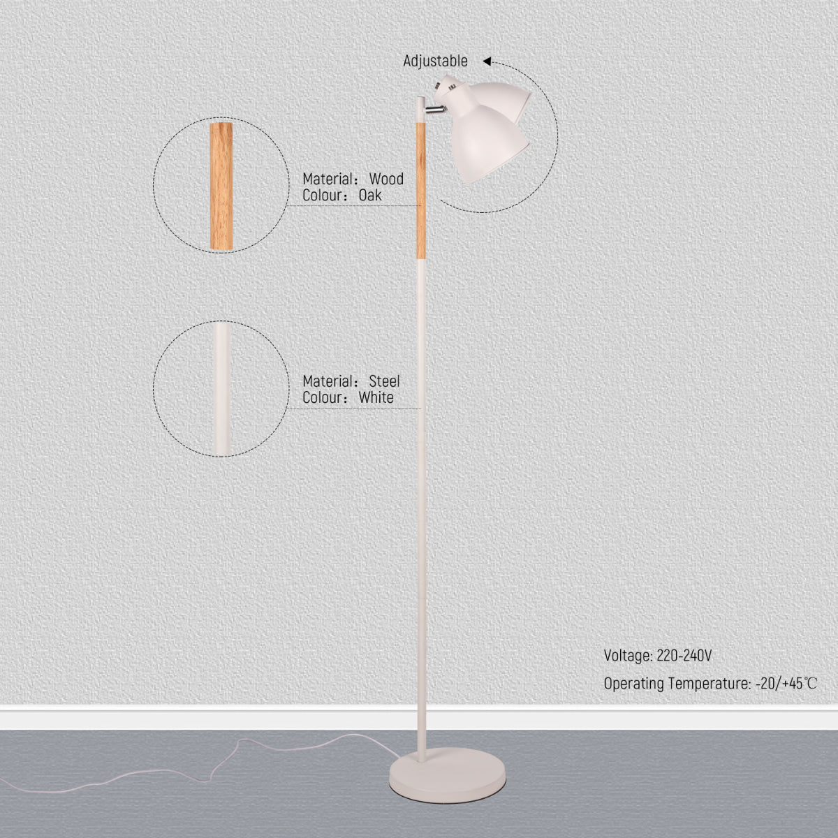 Technical specs of Nordic Floor Lamp with Wood Accent - E27, Rotatable Shade, 3 Finishes 130-03528