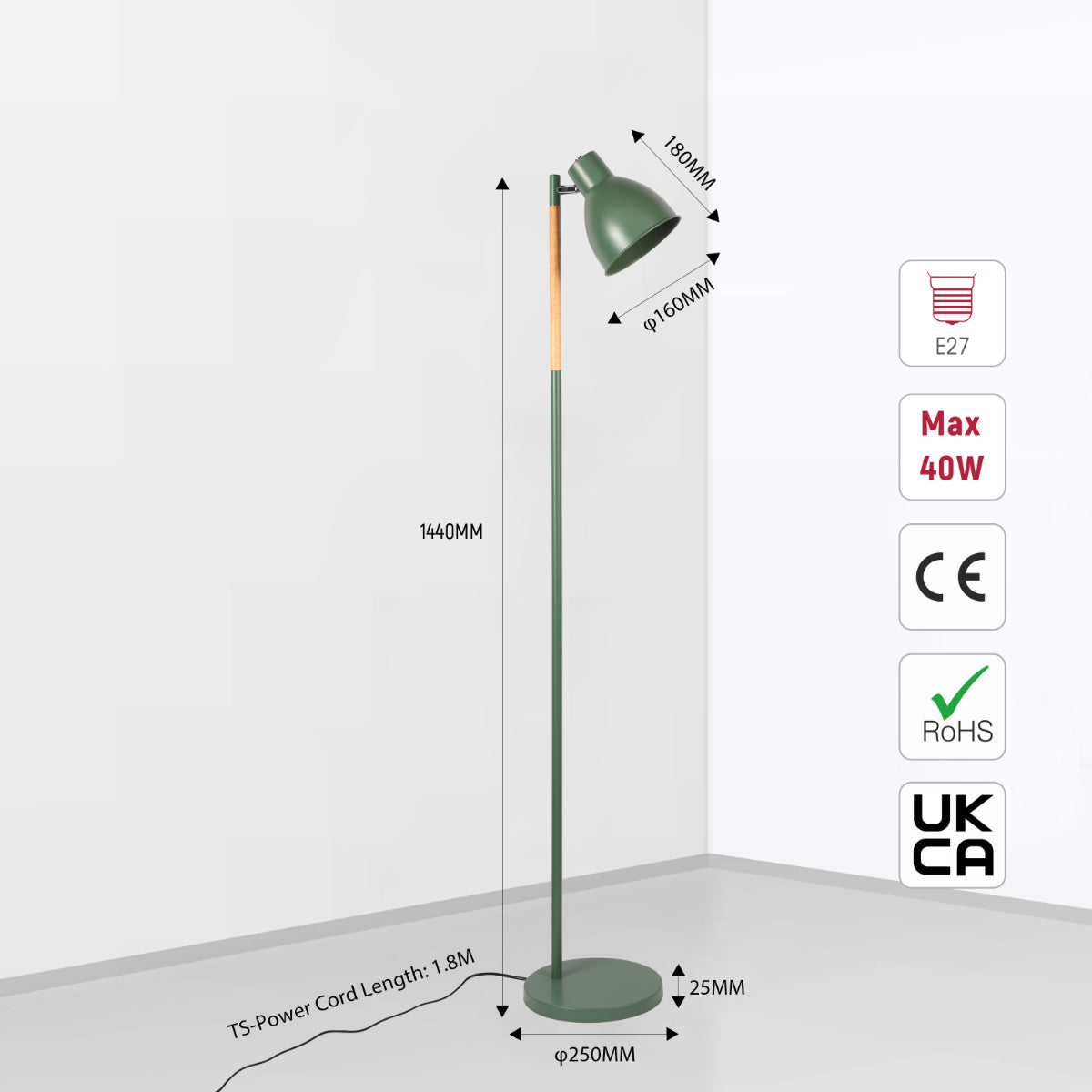Size and certifications of Nordic Floor Lamp with Wood Accent - E27, Rotatable Shade, 3 Finishes 130-03530