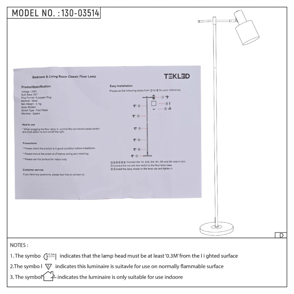 User manual for Nordic Pole Reading Floor Lamp Black Gold | TEKLED 130-03514