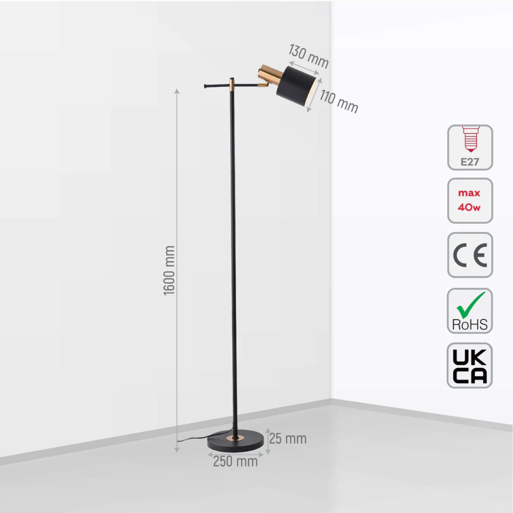 Size and tech specs of Nordic Pole Reading Floor Lamp Black Gold | TEKLED 130-03514