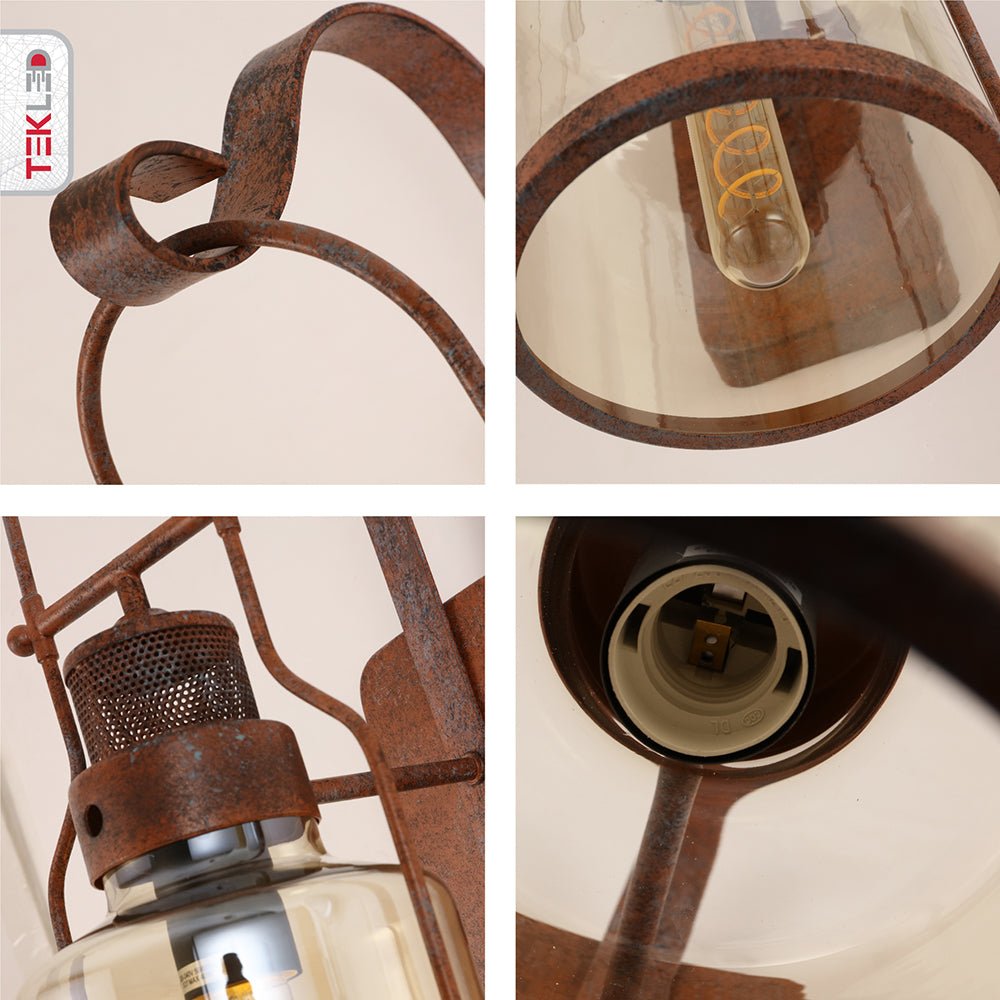 Detailed captures of Old Brown Metal Amber Glass Cylinder Wall Light with E27 Fitting