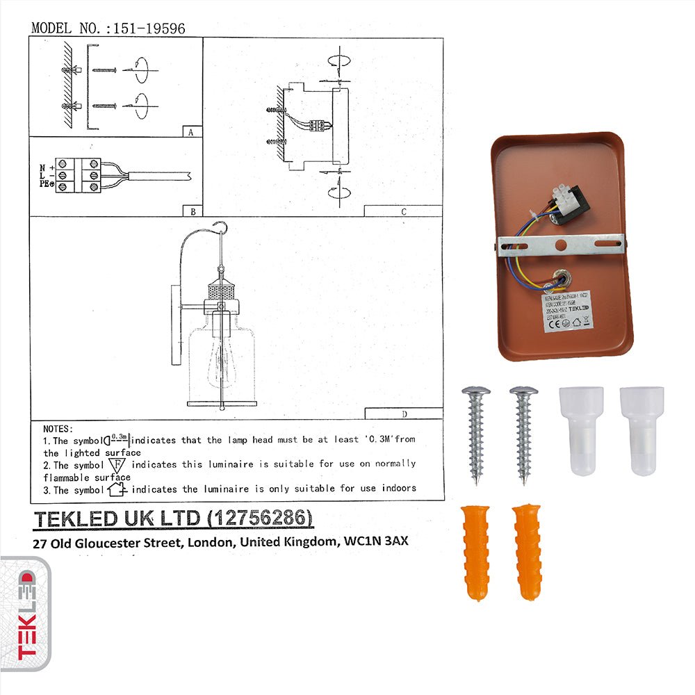 User manual and installation tools of Old Brown Metal Amber Glass Cylinder Wall Light with E27 Fitting