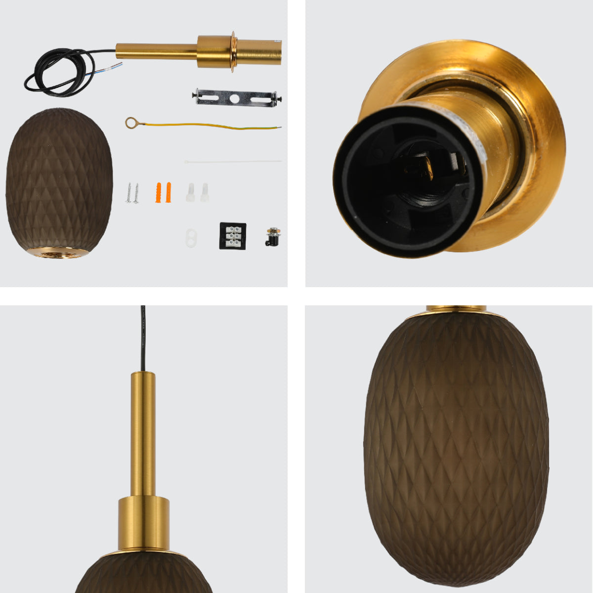 Close shots of Opalescent Ellipsoid Pendant Light with Gold Detail 150-19016