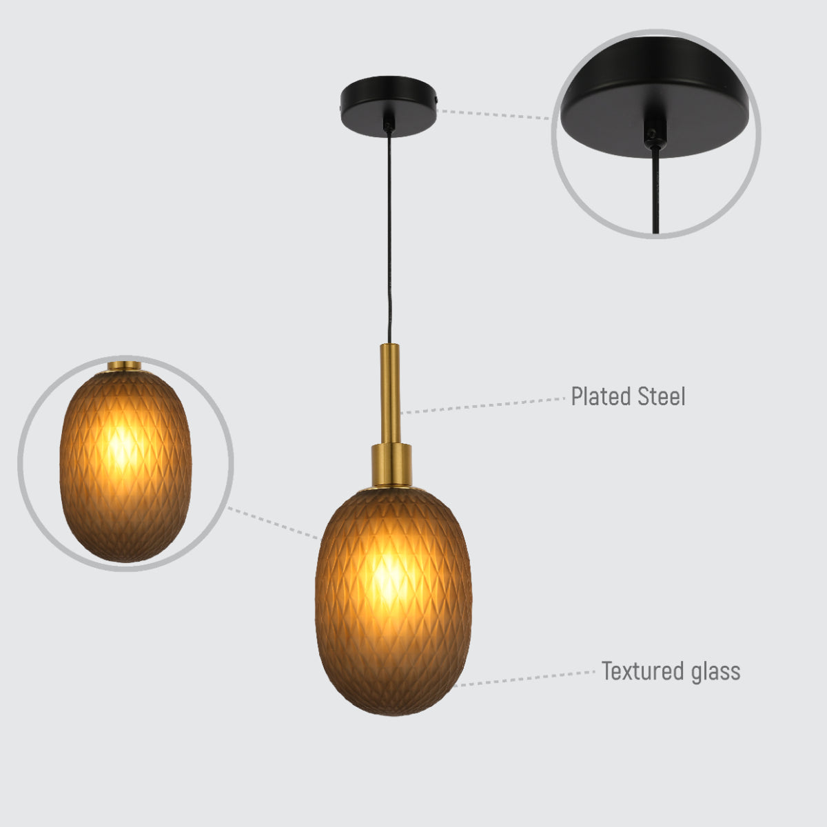Lighting properties of Opalescent Ellipsoid Pendant Light with Gold Detail 150-19018