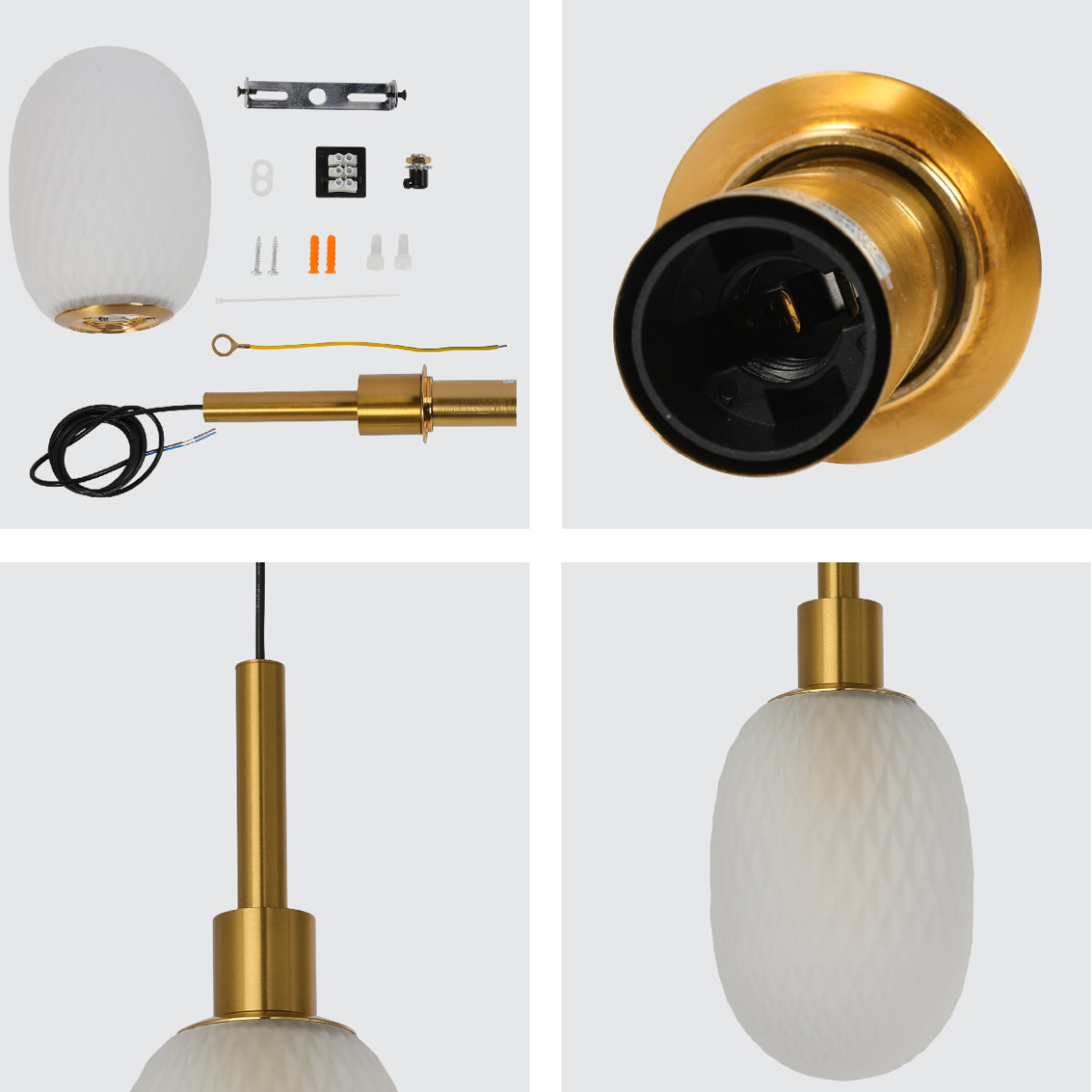 Close shots of Opalescent Ellipsoid Pendant Light with Gold Detail 150-19020