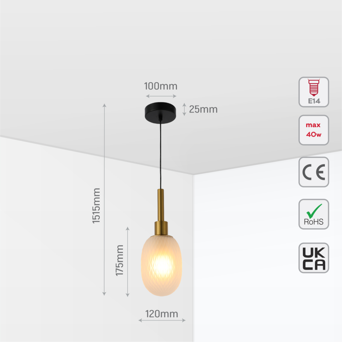 Size and certifications of Opalescent Ellipsoid Pendant Light with Gold Detail 150-19020