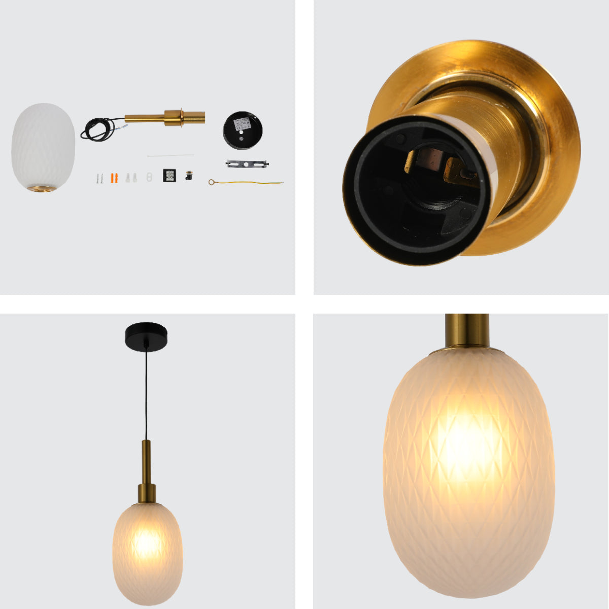 Close shots of Opalescent Ellipsoid Pendant Light with Gold Detail 150-19022