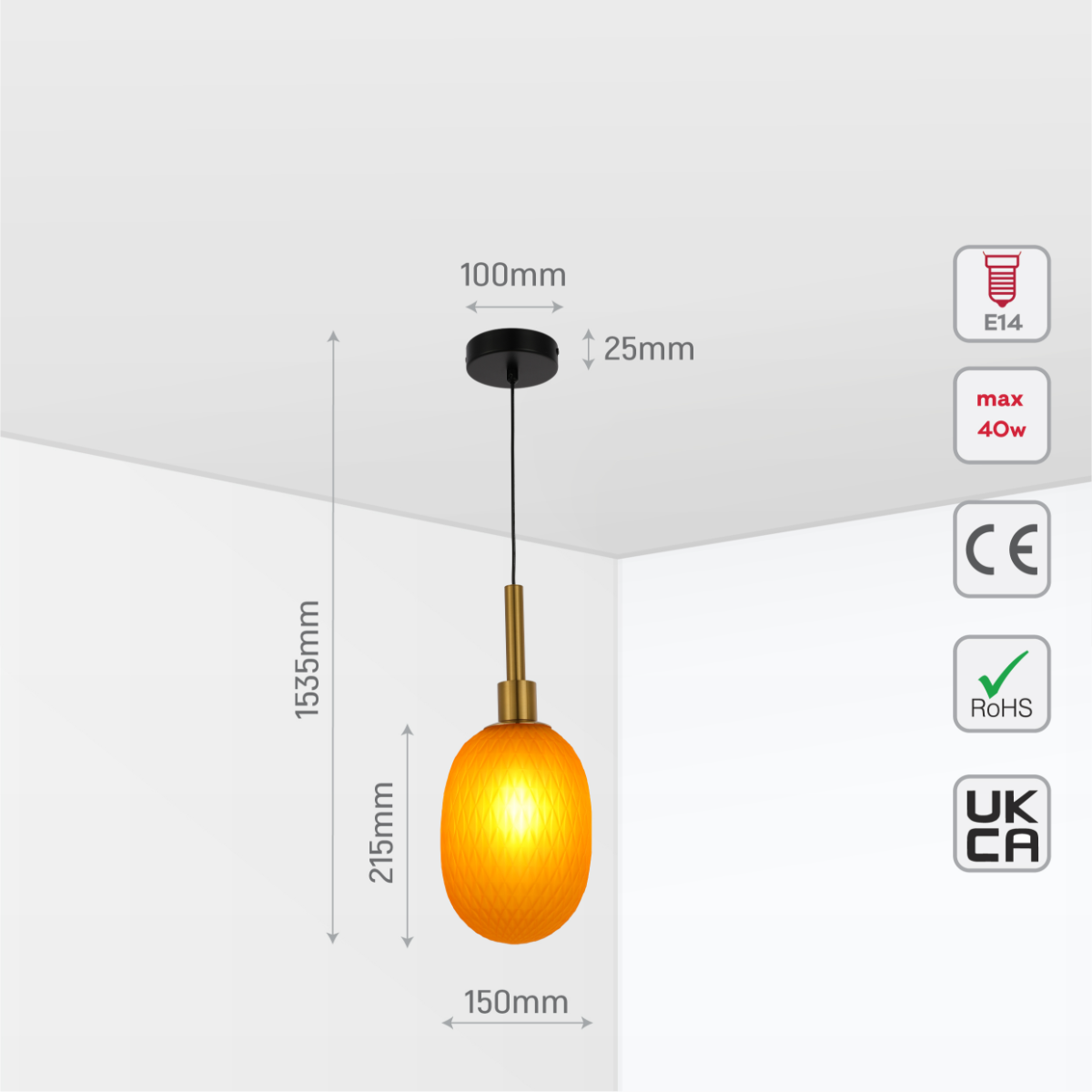 Size and certifications of Opalescent Ellipsoid Pendant Light with Gold Detail 150-19026