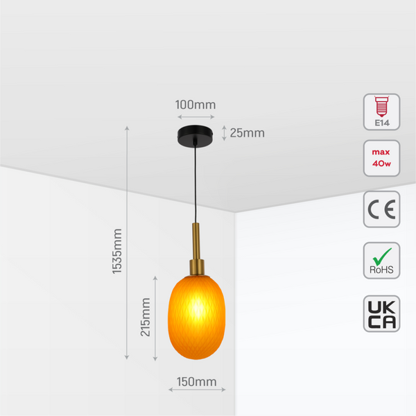 Size and certifications of Opalescent Ellipsoid Pendant Light with Gold Detail 150-19026