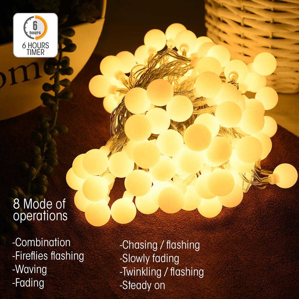 8 modes of operations of Puppis LED Globe Light 100 LEDs 15m with Power Adaptor Warm White & Remote Control LED String Light