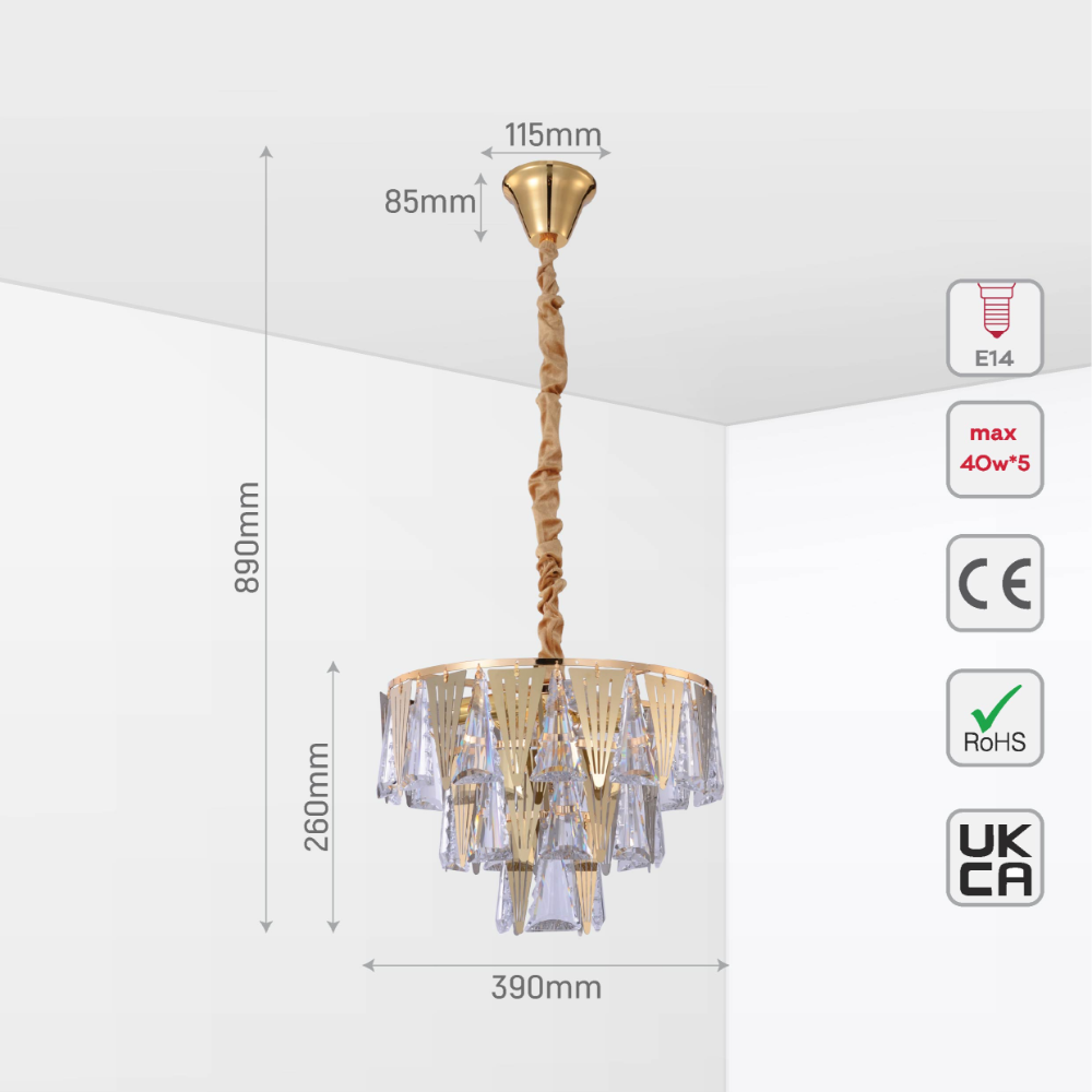 Size and tech specs of Opulent Gold Chandelier Ceiling Light with Triangular Crystal Elegance | TEKLED 159-17912