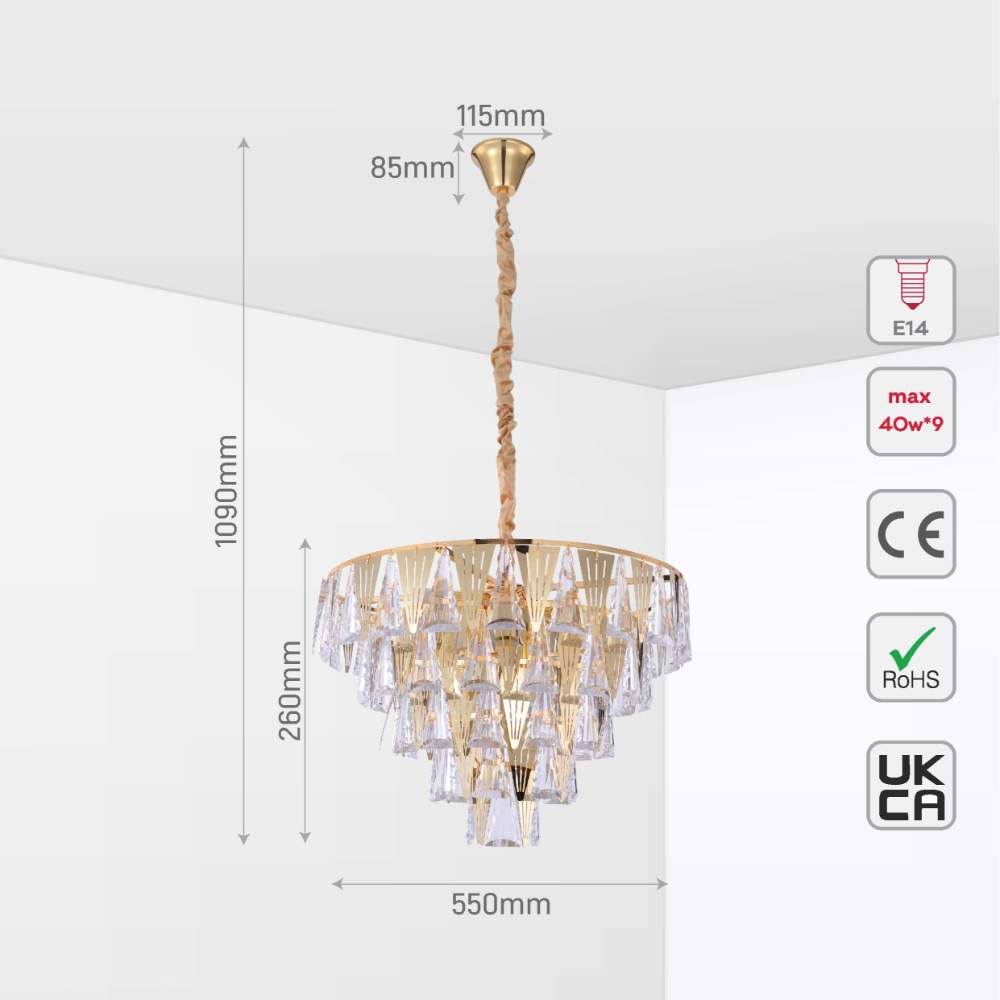 Size and tech specs of Opulent Gold Chandelier Ceiling Light with Triangular Crystal Elegance | TEKLED 159-17914