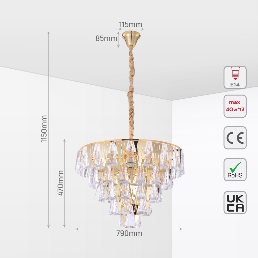 Size and tech specs of Opulent Gold Chandelier Ceiling Light with Triangular Crystal Elegance | TEKLED 159-17916