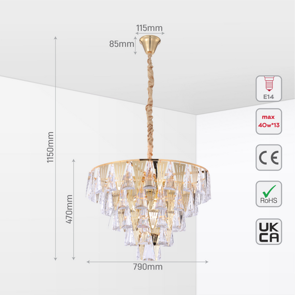 Size and tech specs of Opulent Gold Chandelier Ceiling Light with Triangular Crystal Elegance | TEKLED 159-17916