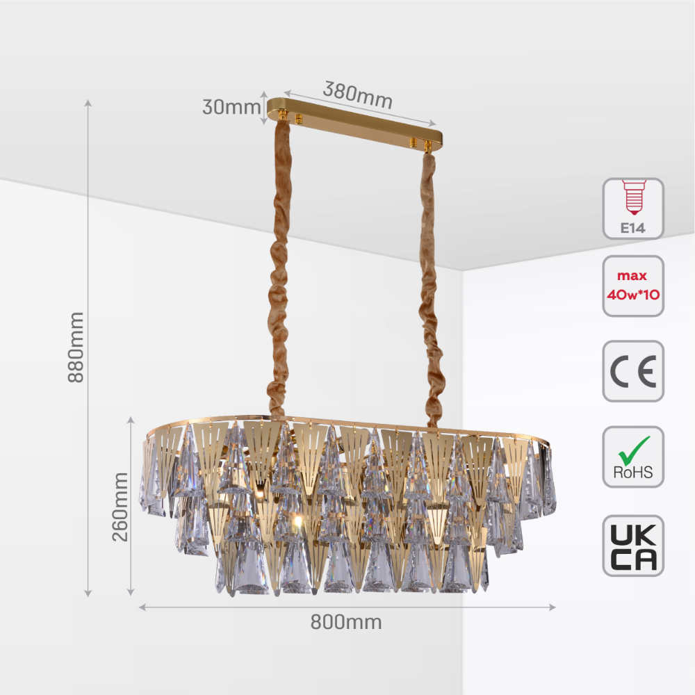 Size and tech specs of Opulent Gold Chandelier Ceiling Light with Triangular Crystal Elegance | TEKLED 159-17918