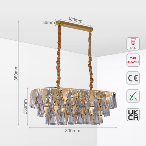 Size and tech specs of Opulent Gold Chandelier Ceiling Light with Triangular Crystal Elegance | TEKLED 159-17918