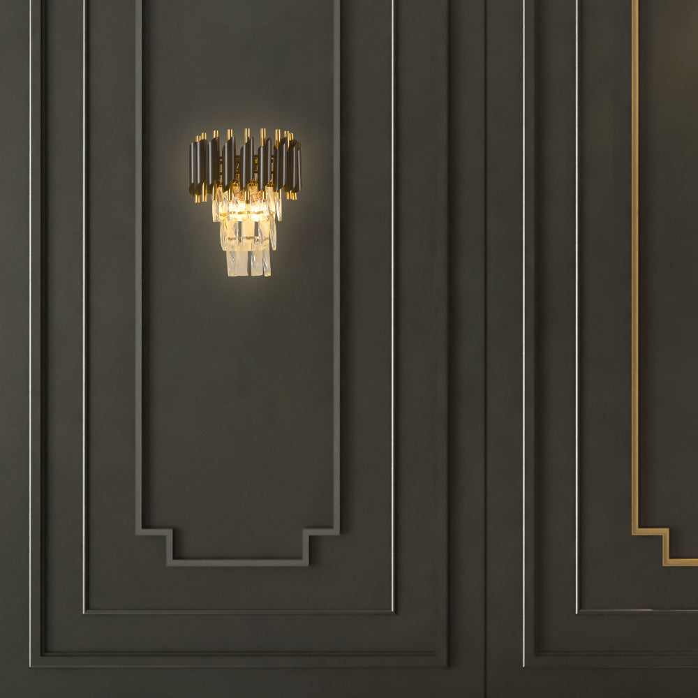 Interior use of Orbit Glow Design 3 Tiered Crystal Wall Sconce Light Black Gold | TEKLED 151-19932