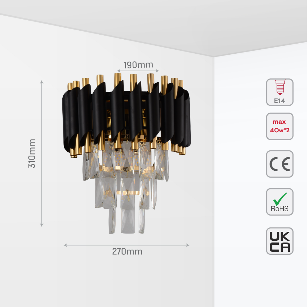 Size and tech specs of Orbit Glow Design 3 Tiered Crystal Wall Sconce Light Black Gold | TEKLED 151-19912